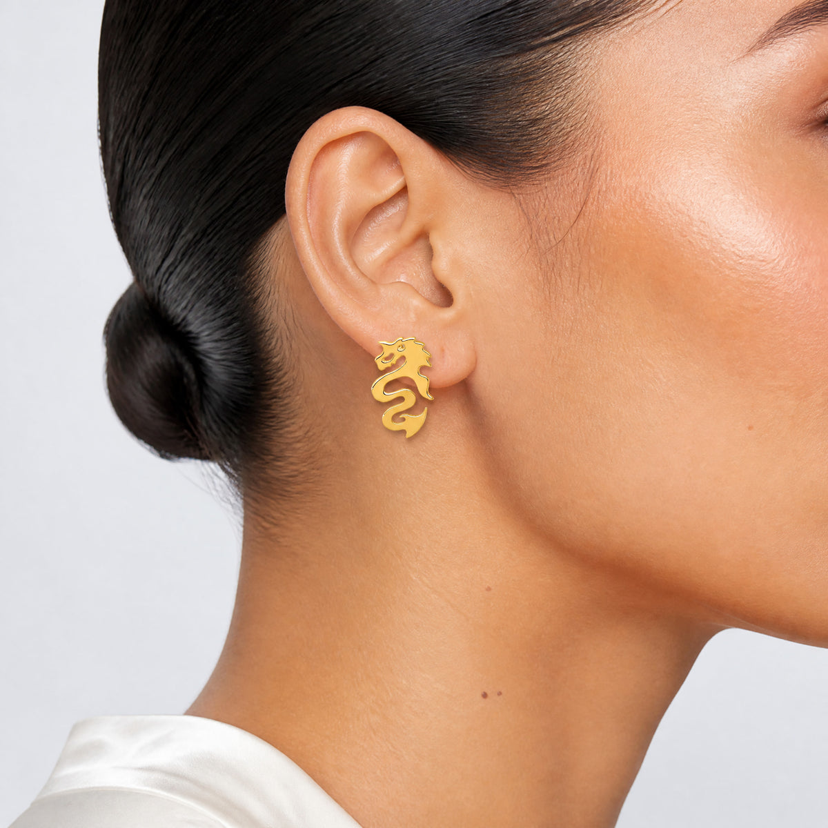 14k Polished Dragon Post Earrings - Model Shot
