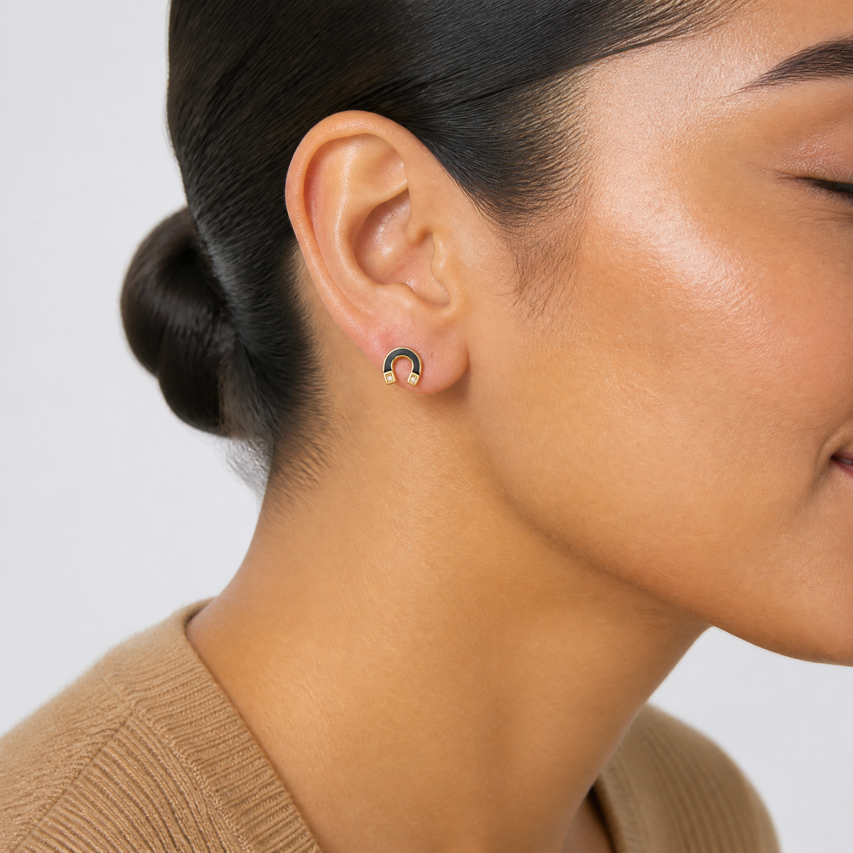 14k Polished Black Enamel and CZ Horseshoe Post Earrings - Model Shot