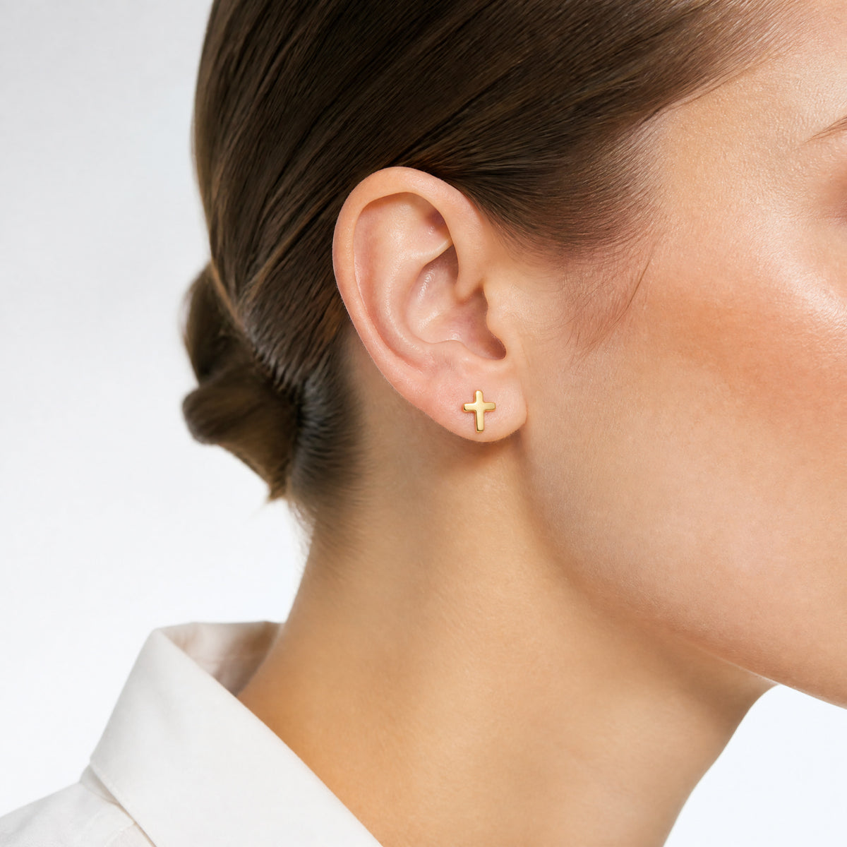 14k Polished Cross Post Earrings - Model Shot