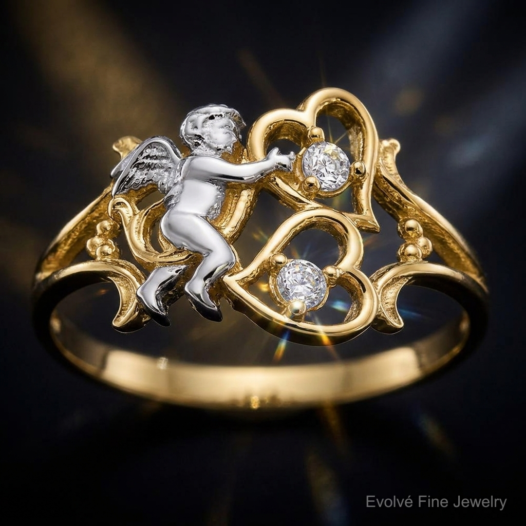 10k & Rhodium CZ Angel w/Hearts Ring - Close-up View