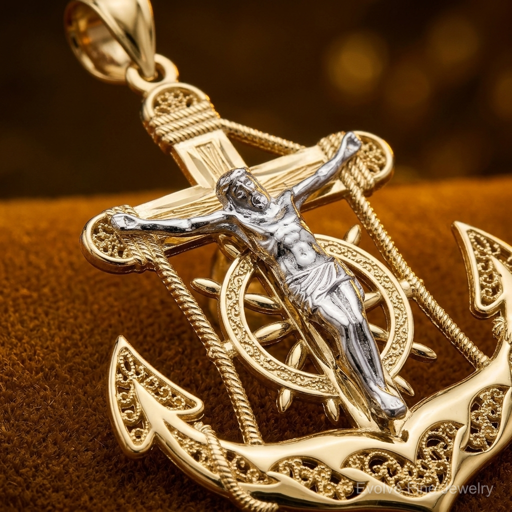 14k Two-tone Mariner's Crucifix Pendant - Close-up View