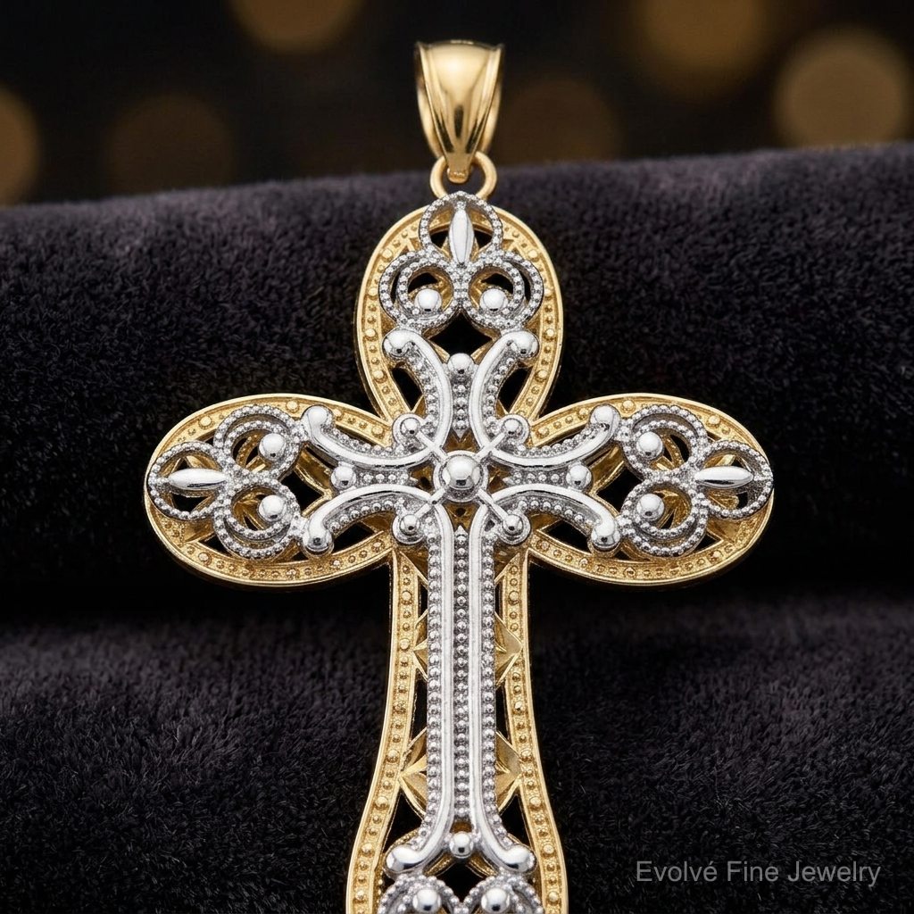 14K Two-tone Diamond-cut Layered Cross Pendant - Close-up View