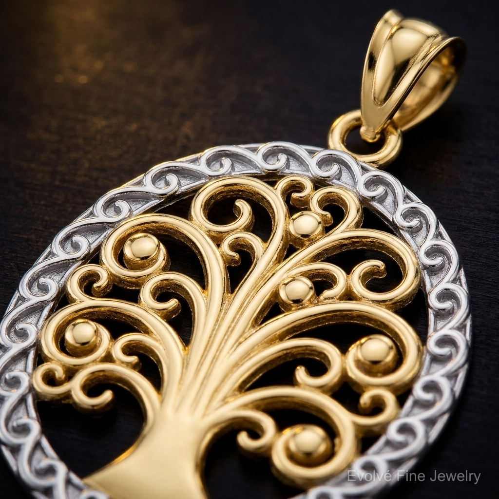 14k w/ Rhodium Tree of Life Pendant - Close-up View