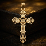 14k Fleur De Lis Large Cross Pendant - Close-up View