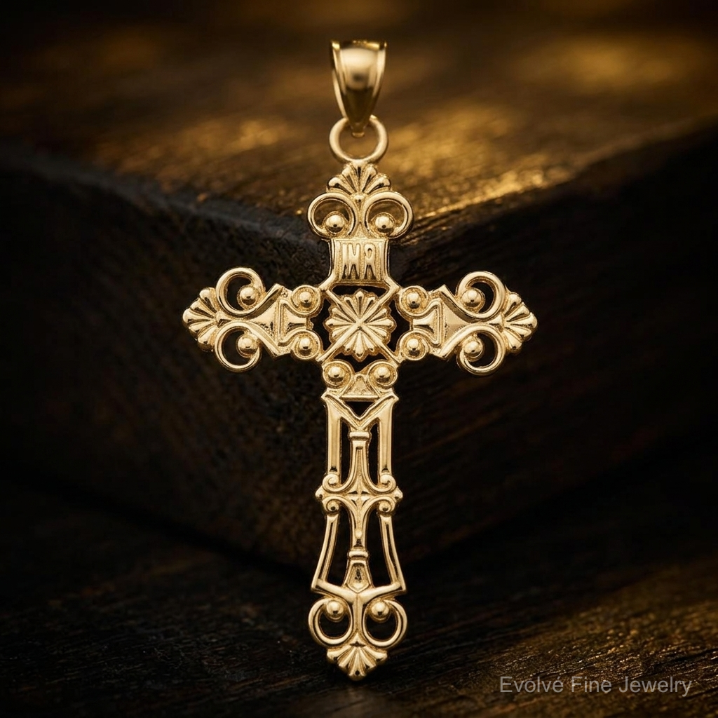 14k Fleur De Lis Large Cross Pendant - Close-up View