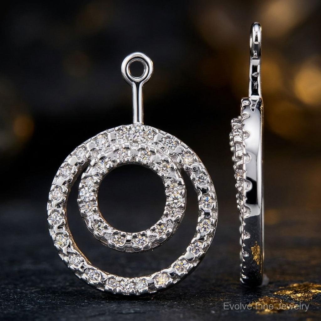 10k White Gold Double Circle Diamond Earring Jackets - Close-up View