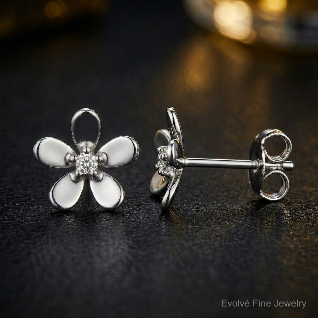 14k White Gold Diamond Earrings - Close-up View