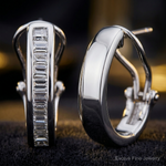 14k White Gold Baguette Diamond Omega Back Hoop Earrings - Close-up View