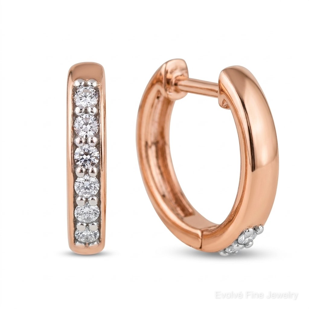 14k Rose Gold Diamond Hinged Hoop Earrings - Close-up View
