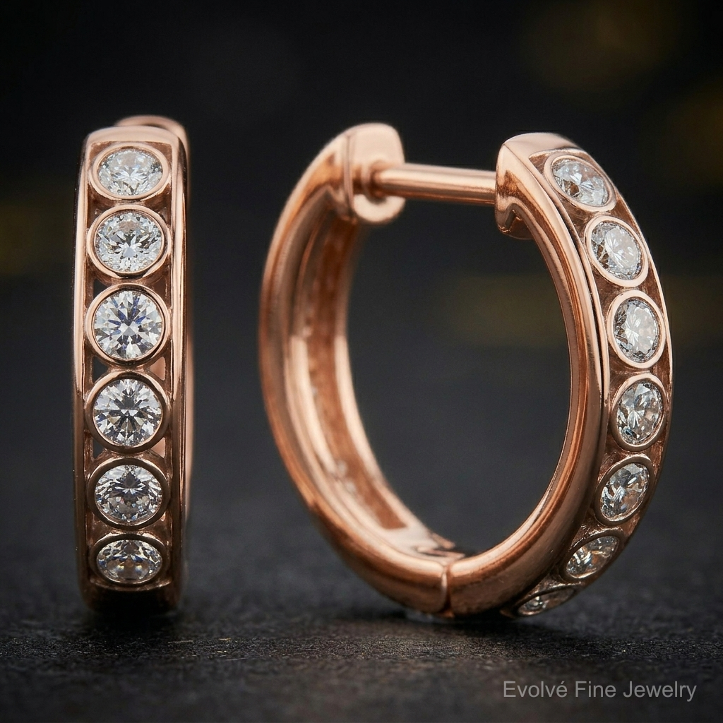 14k Rose Gold Diamond Hinged Hoop Earrings - Close-up View