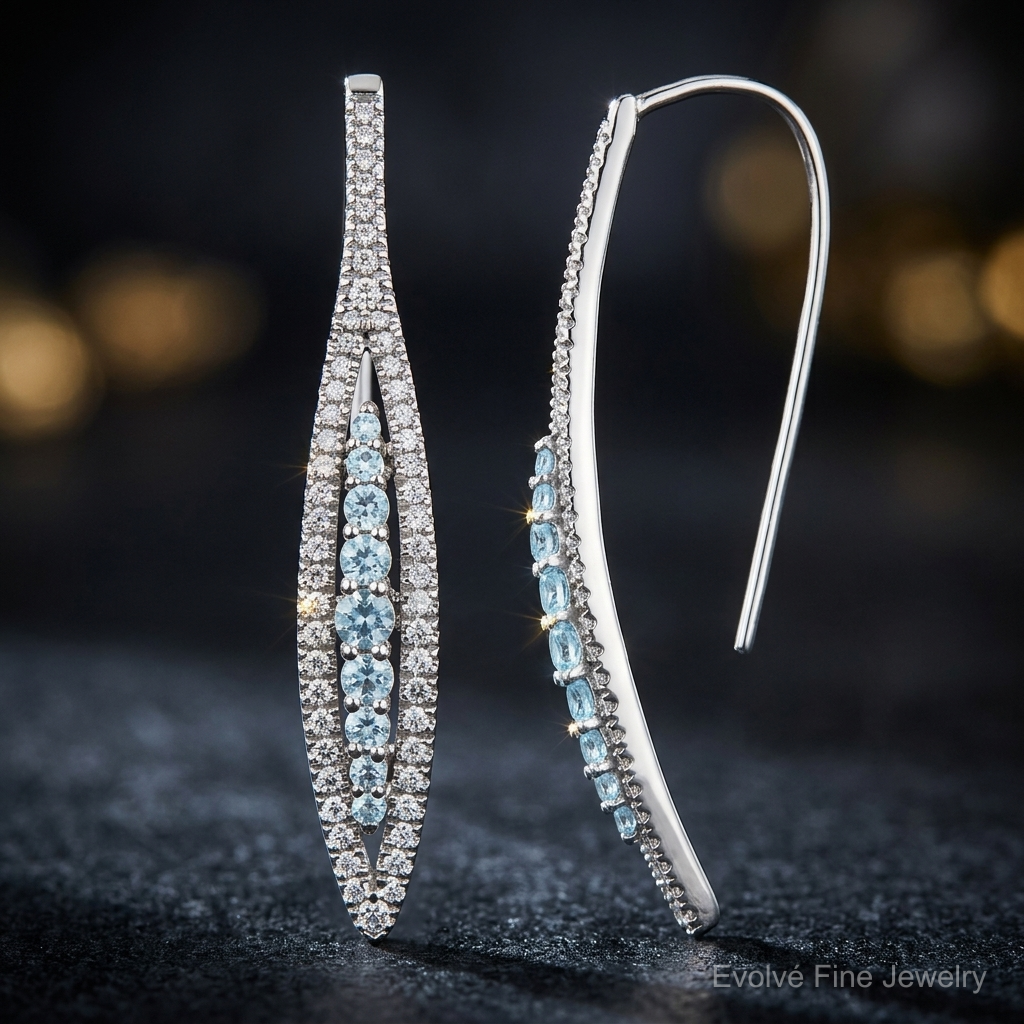 14k White Gold Diamond and Aquamarine Earrings - Close-up View