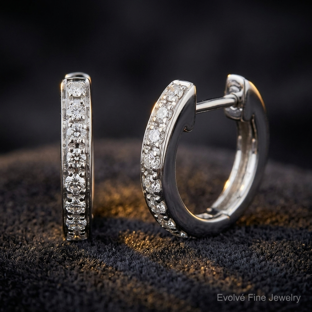 14k White Gold Diamond Hinged Hoop Earrings - Close-up View