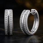 10k White Gold 2-row Diamond Hinged Hoop Earrings - Close-up View
