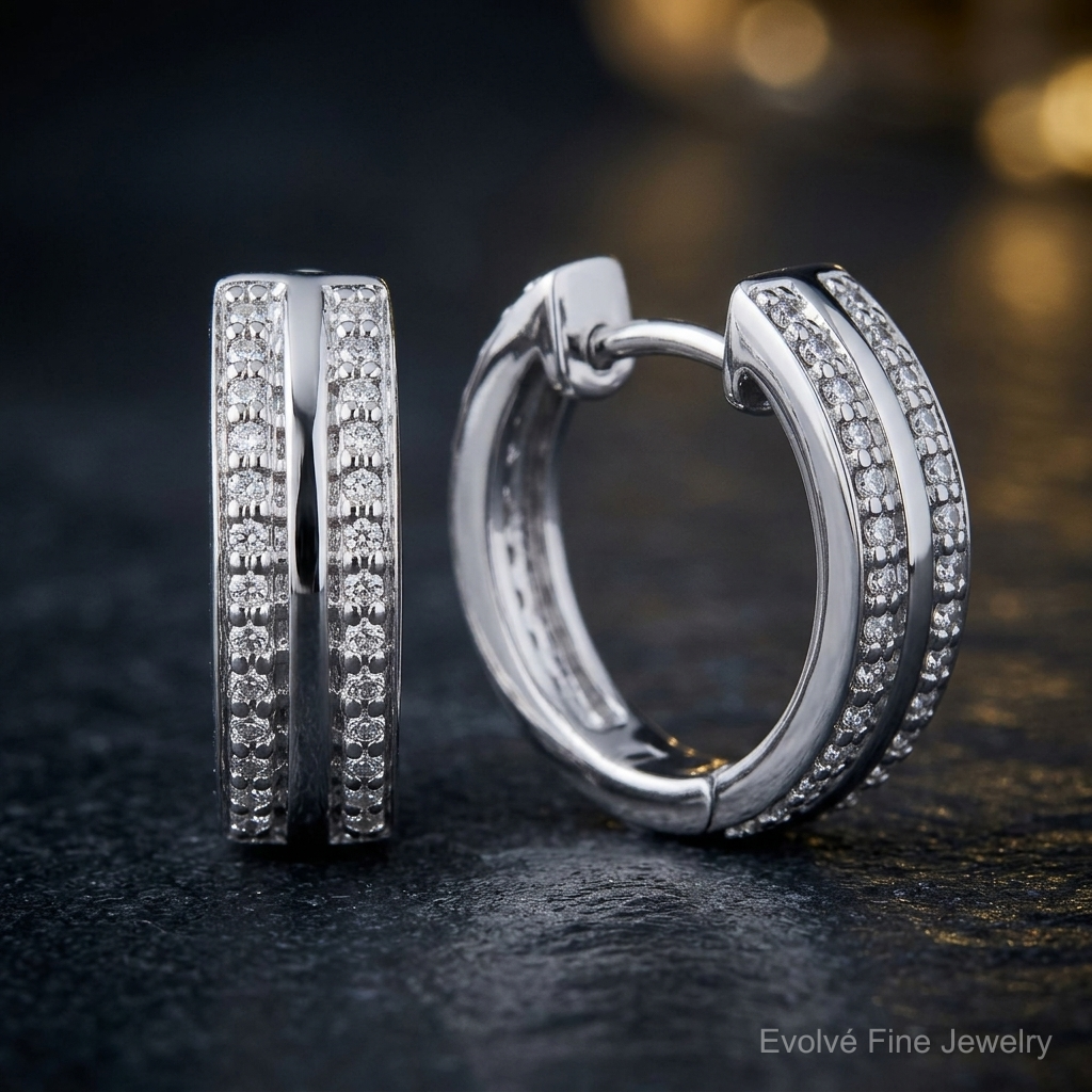 14k White Gold 2-row Diamond Hinged Hoop Earrings - Close-up View