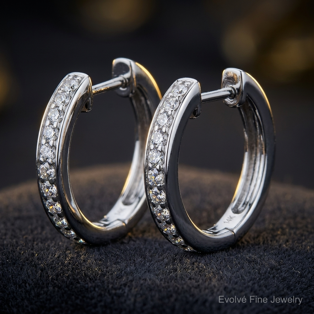 14k White Gold Diamond Complete Hinged Hoop Earrings - Close-up View