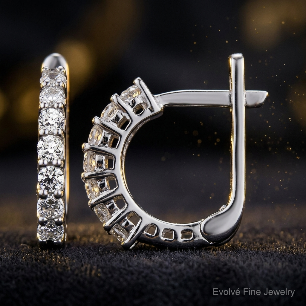 14k White Gold Fancy Hinged Diamond Earrings - Close-up View