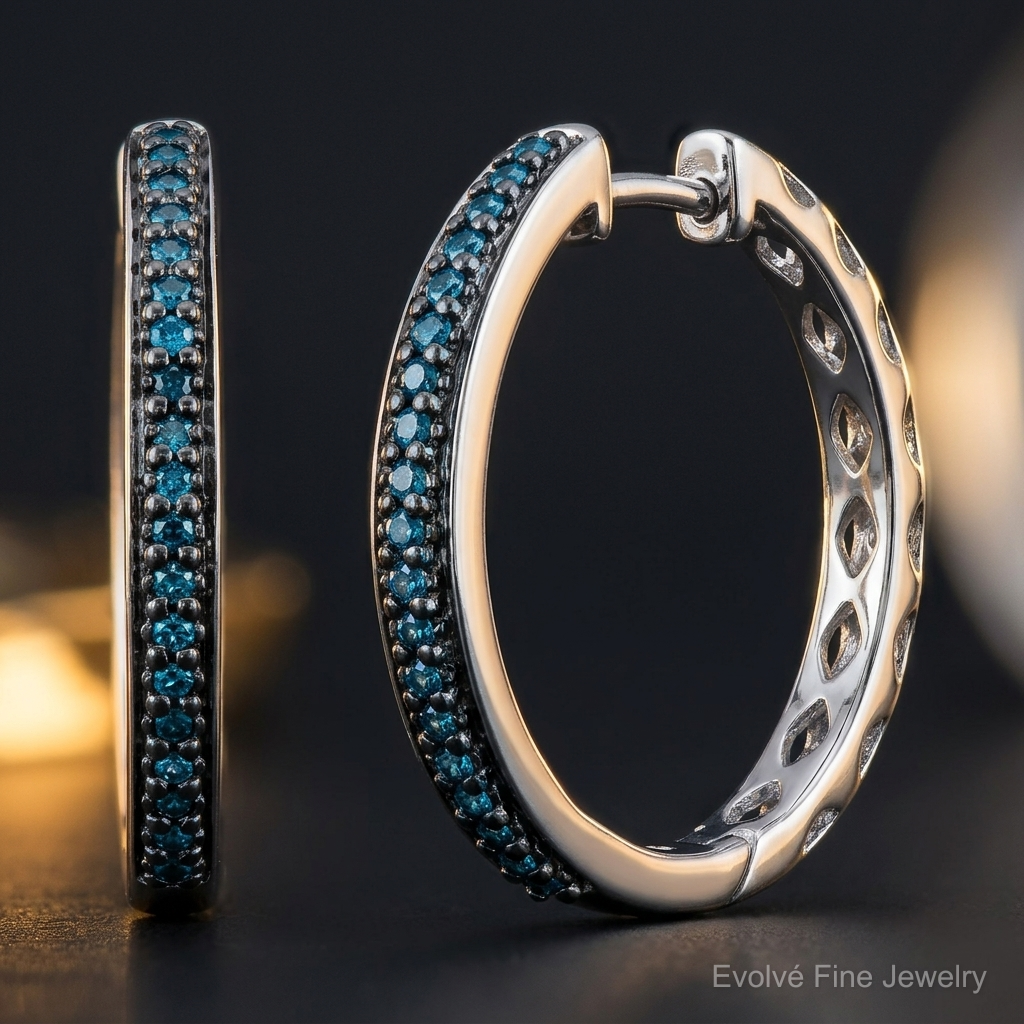 14k White Gold Blue Diamond 2.2mm Hinged Hoops - Close-up View