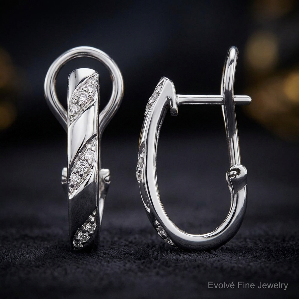 14k White Gold Diamond Omega Back Earrings - Close-up View