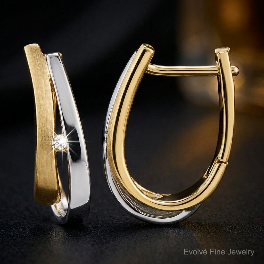 14k Yellow Gold With White Rhodium Diamond Hinged Hoop Earrings - Close-up View