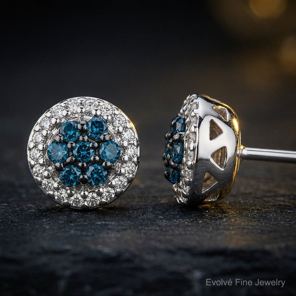 14k White Gold Blue/White Diamond Cluster Post Earrings - Close-up View