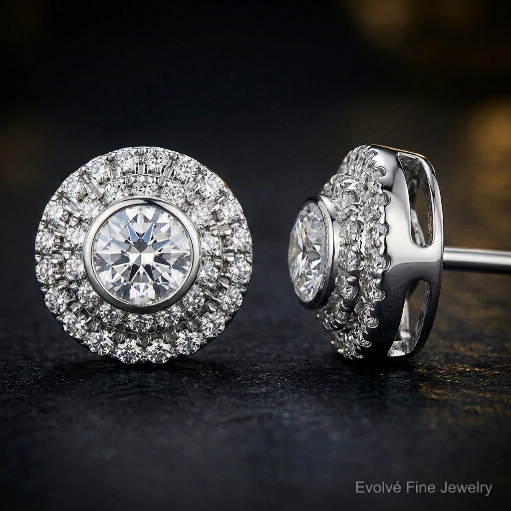 14k White Gold Diamond Cluster Post Earrings - Close-up View