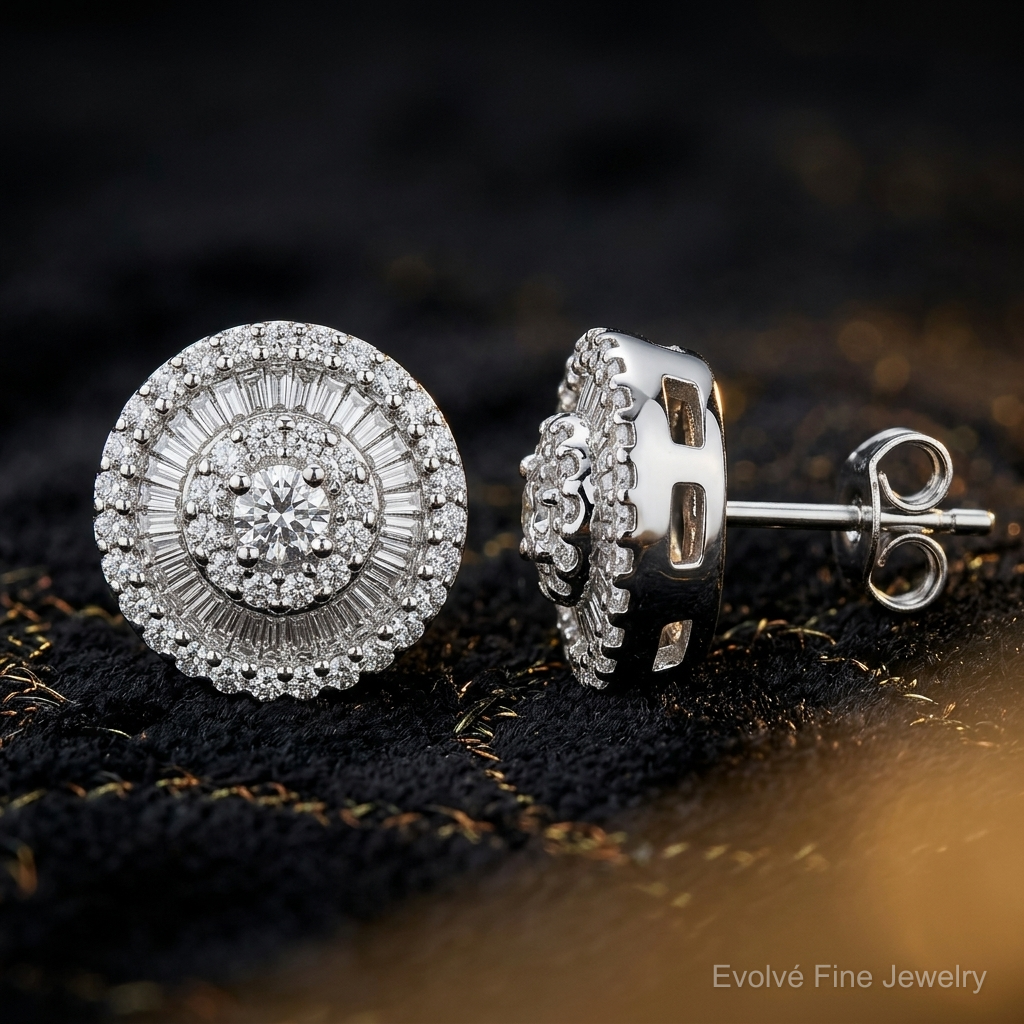 14k White Gold Diamond Cluster Post Earrings - Close-up View