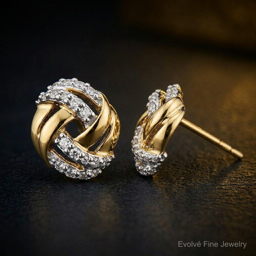 14k Diamond w/Rhodium Accents Round Post Earrings - Close-up View