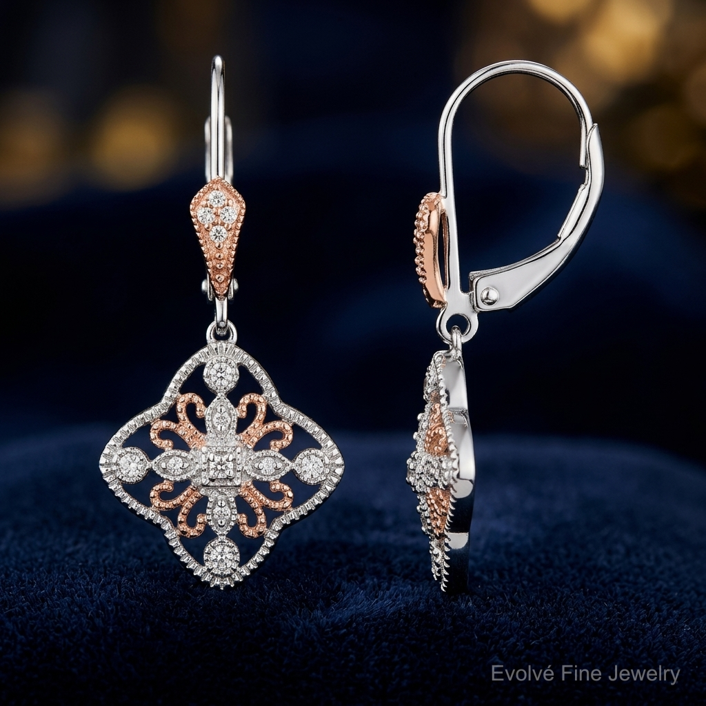 14k White Gold w/Rose Rhodium Diamond Leverback Earrings - Close-up View