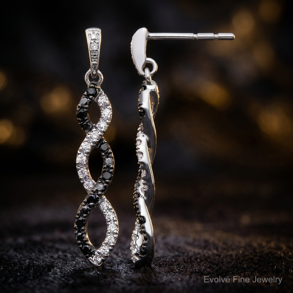 14k White Gold Black and White Diamond Twisted Post Earrings - Close-up View