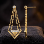 14k Satin/Polished Diamond Triangle Chain Dangle Post Earrings - Close-up View