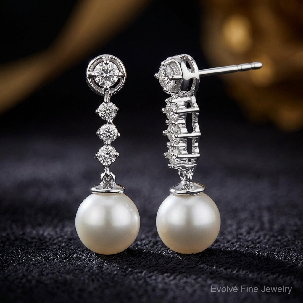 14k White Gold Freshwater Cultured Pearl & Diamond Post Earrings - Close-up View