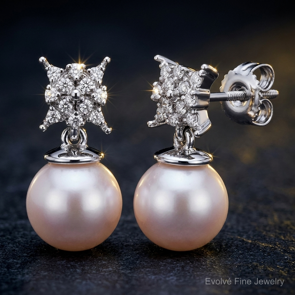 14k White Gold Freshwater Cultured Pearl & Diamond Post Earrings - Close-up View