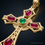 14K Ruby and Emerald Cabochon Cross Pendant - Close-up View