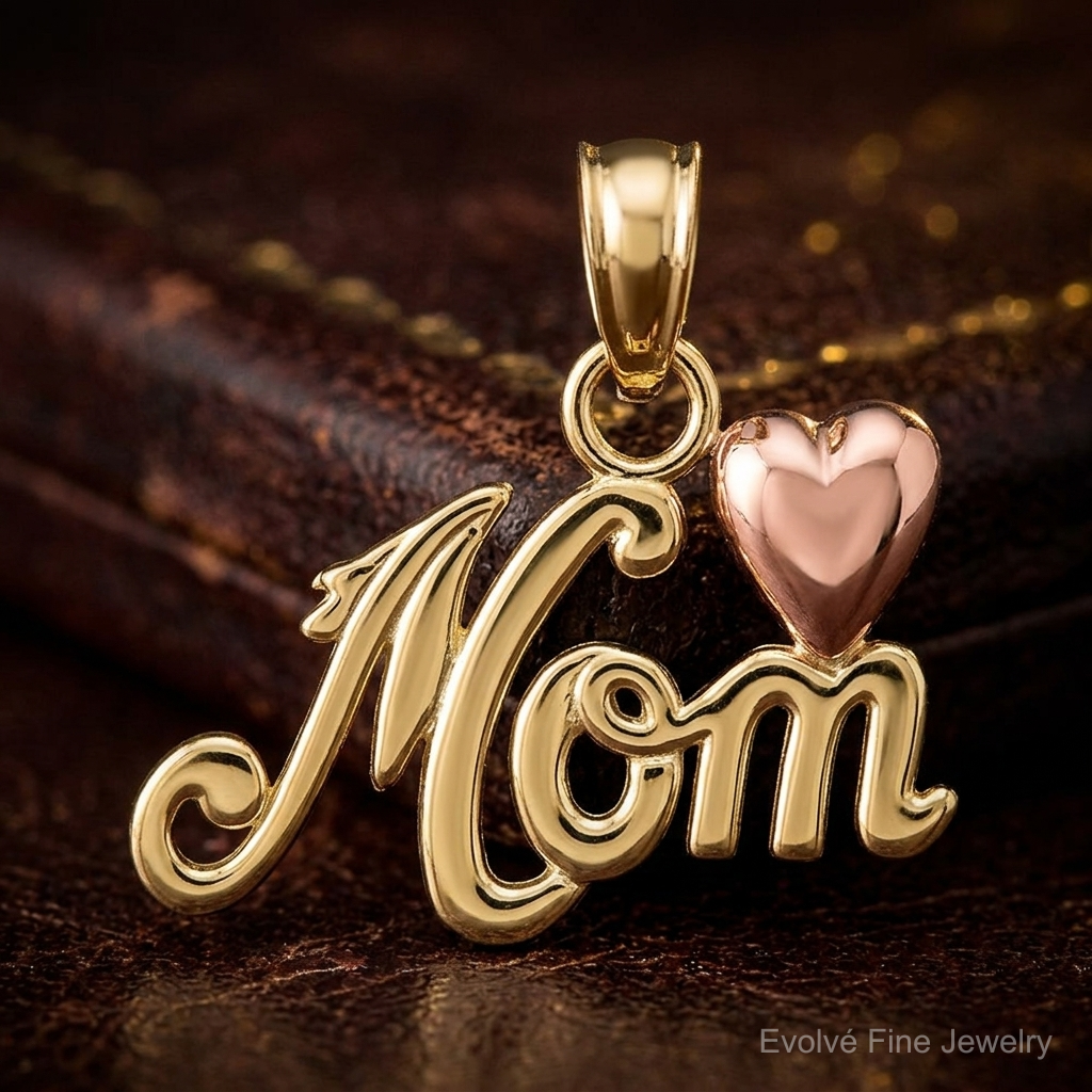 14k Two-tone MOM w/Heart Pendant - Close-up View