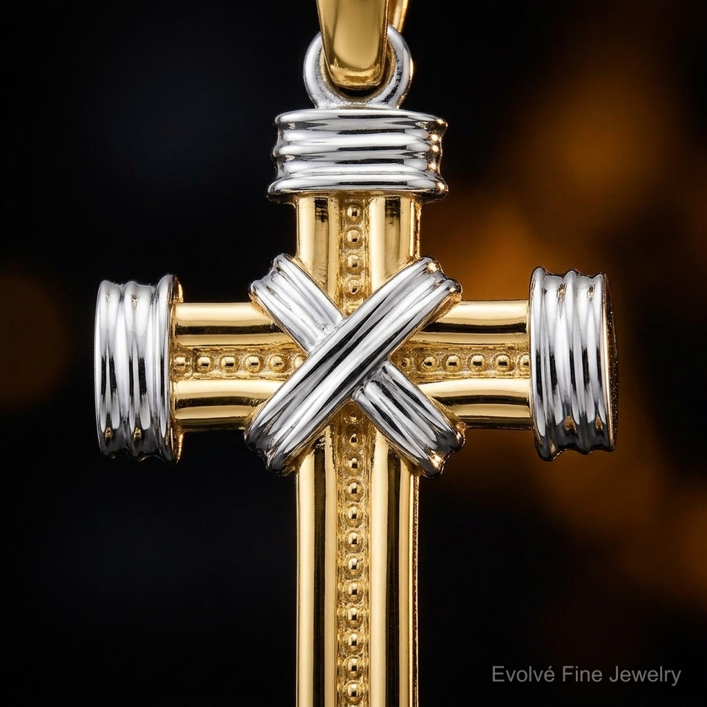14k Two-tone Latin Cross Pendant - Close-up View