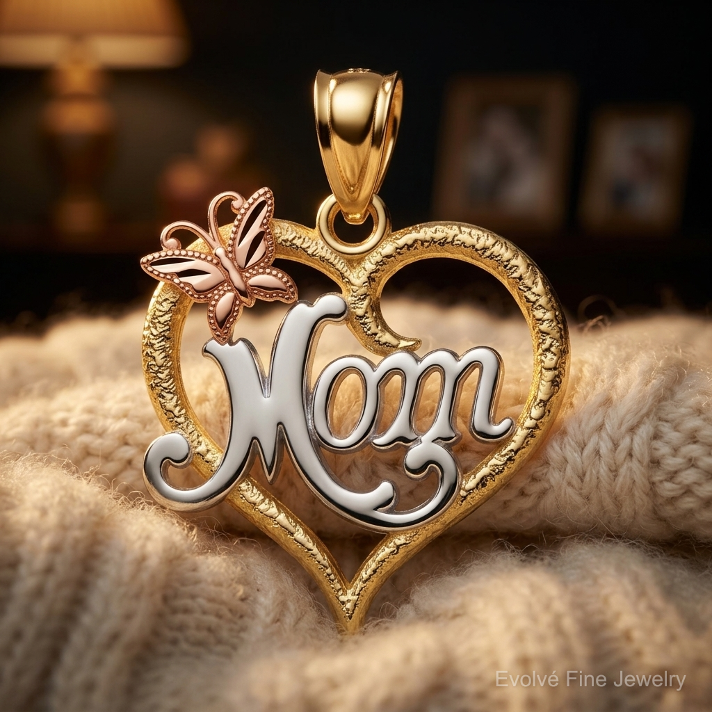 14k Two-tone w/White Rhodium MOM Heart Pendant - Close-up View