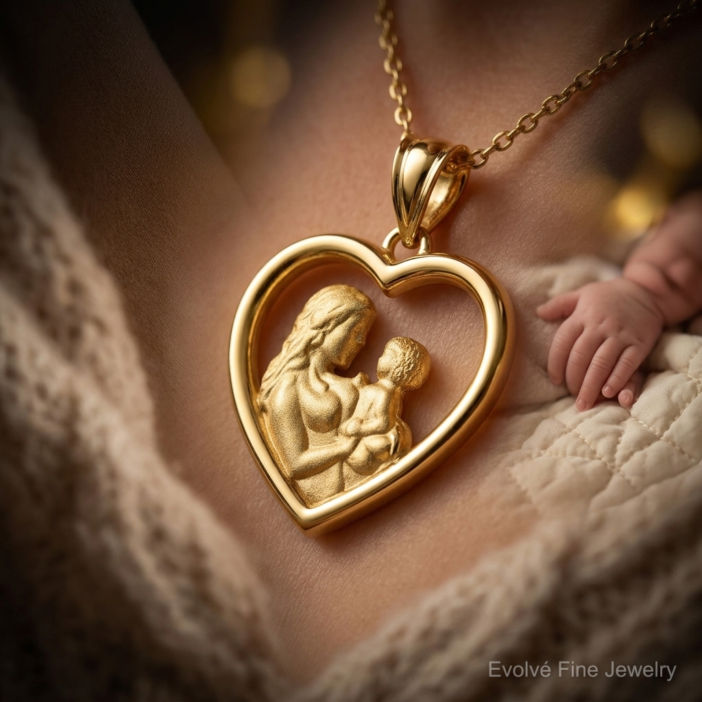 14k Polished and Satin Mom/Baby Heart Charm - Close-up View