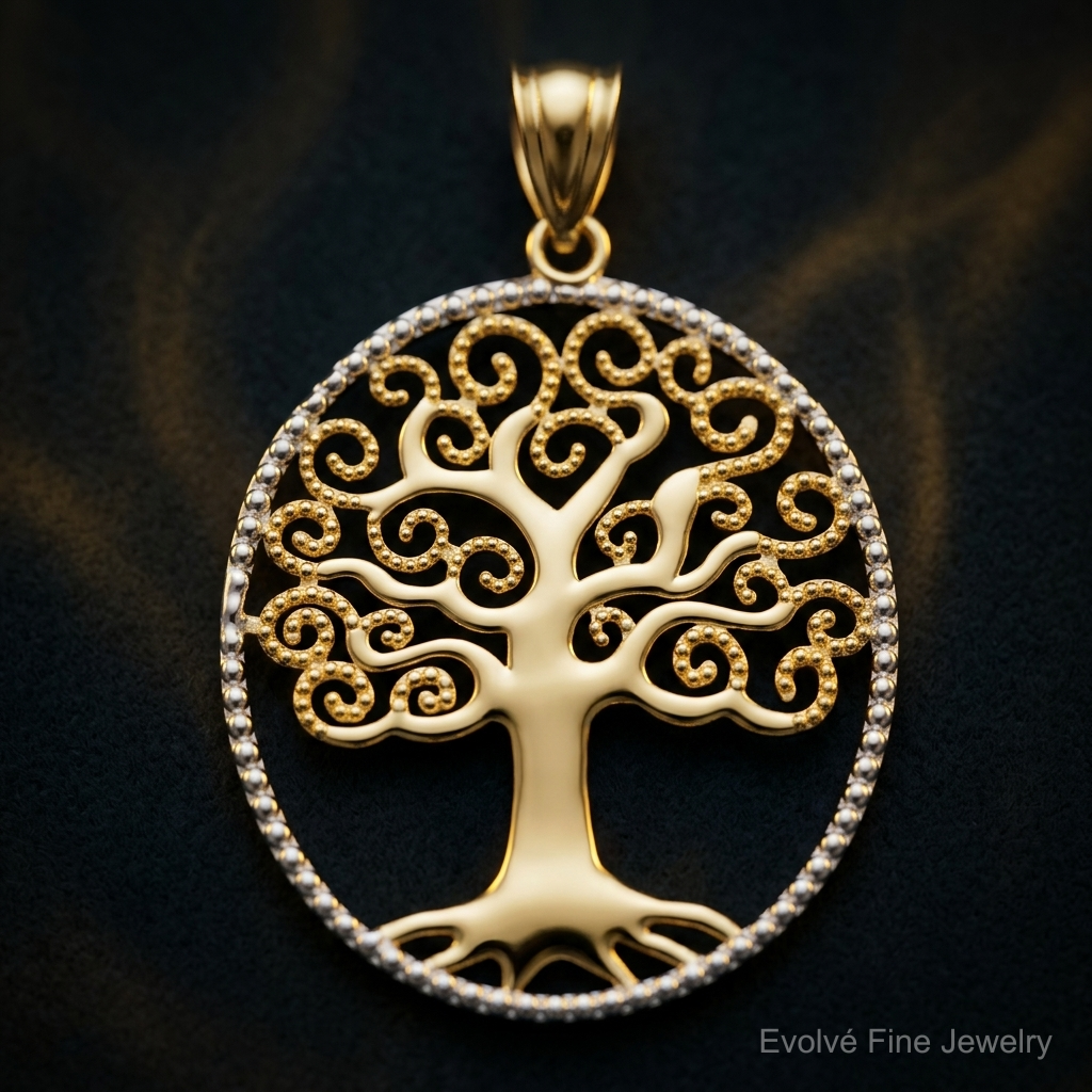 14k w/Rhodium Filigree Tree of Life Pendant - Close-up View