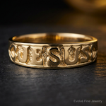 14K Gold Polished Jesus w/Hearts Ring - Close-up View