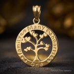 14k Polished ONE FAMILY MANY HEARTS Tree Pendant - Close-up View