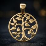 14k Gold Polished Tree in Circle Pendant - Close-up View