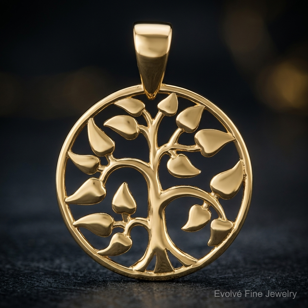 14k Gold Polished Tree in Circle Pendant - Close-up View