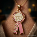 14K Enamel GREATEST MOM Pink RIBBON Charm - Close-up View