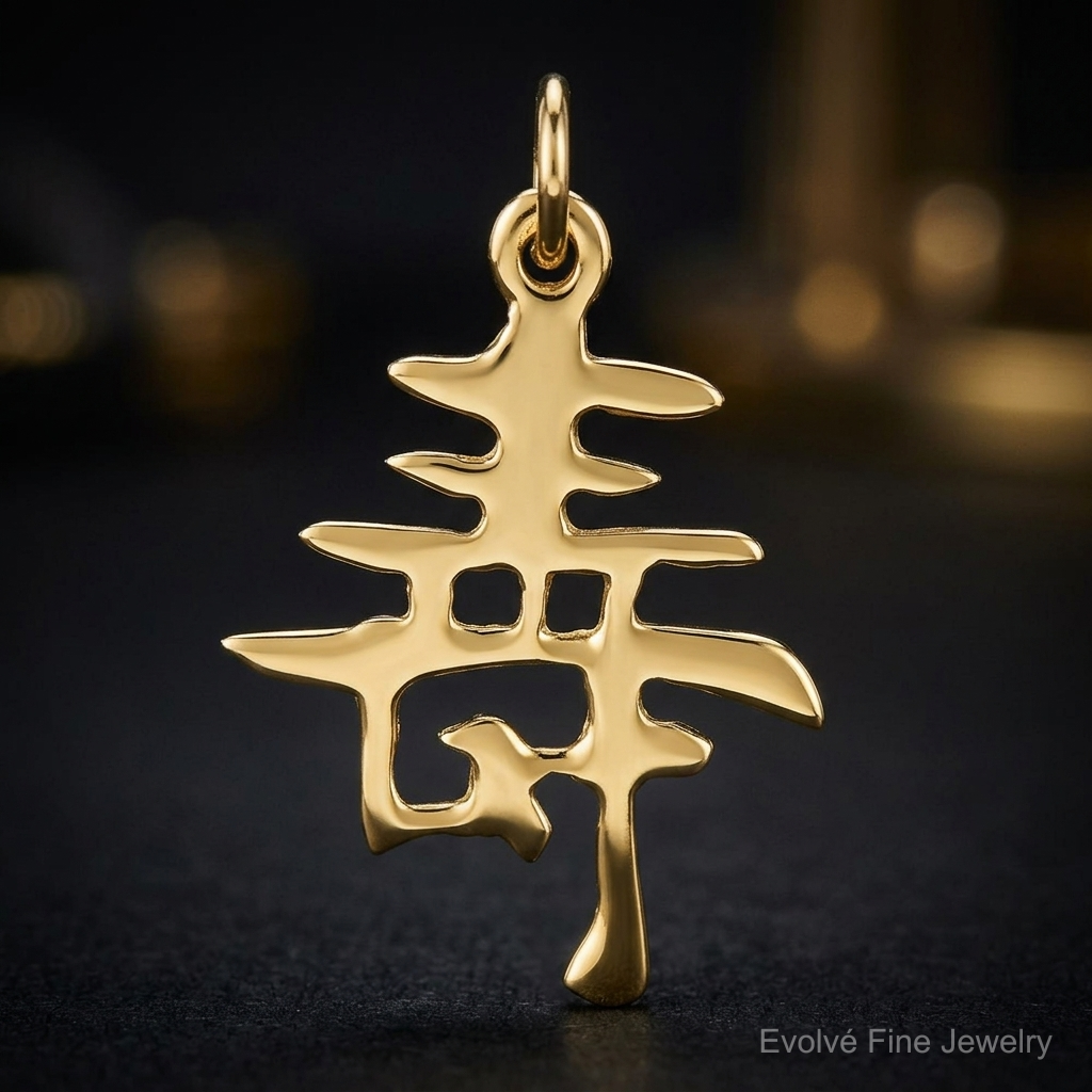 14k Solid Polished Chinese Long Life Charm - Close-up View