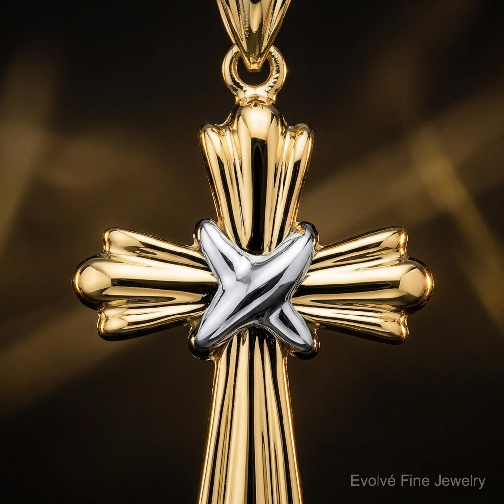 14K Two-Tone Polished Cross X Center Design Charm - Close-up View