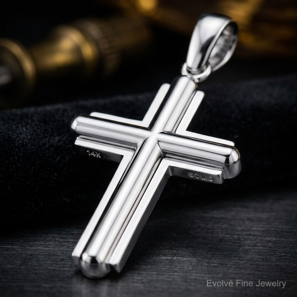 14k White Gold Beveled Cross Charm - Close-up View