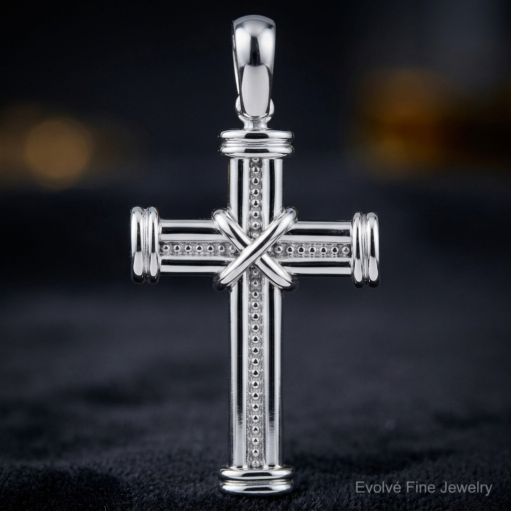 14k White Gold w/ X In Center Of Cross Charm - Close-up View