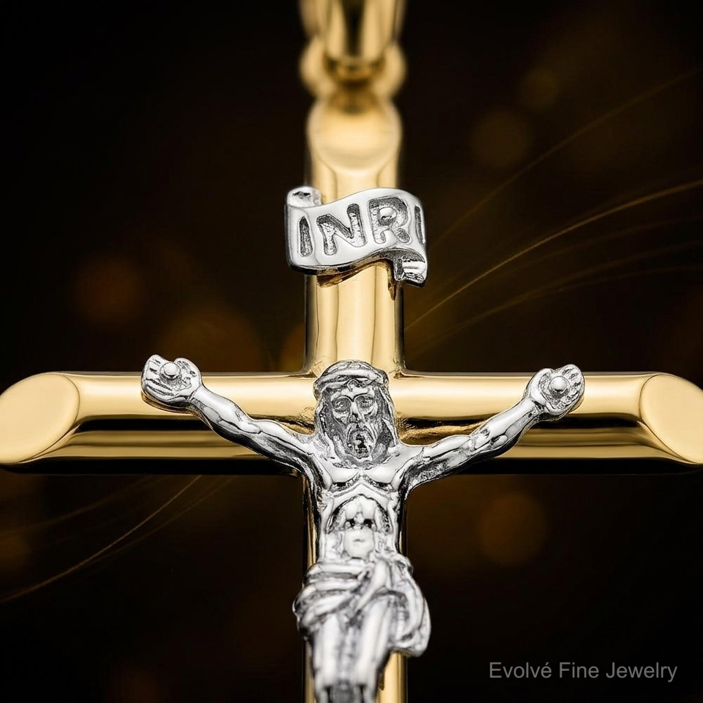14K Two-tone Polished Crucifix Charm - Close-up View