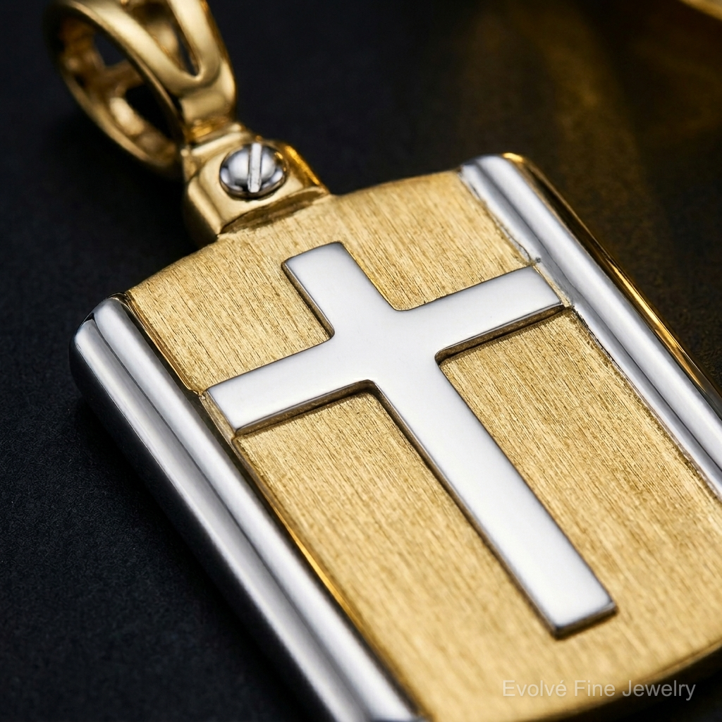 Leslie's 14K Two-tone Brushed Cross Dog Tag Pendant - Close-up View