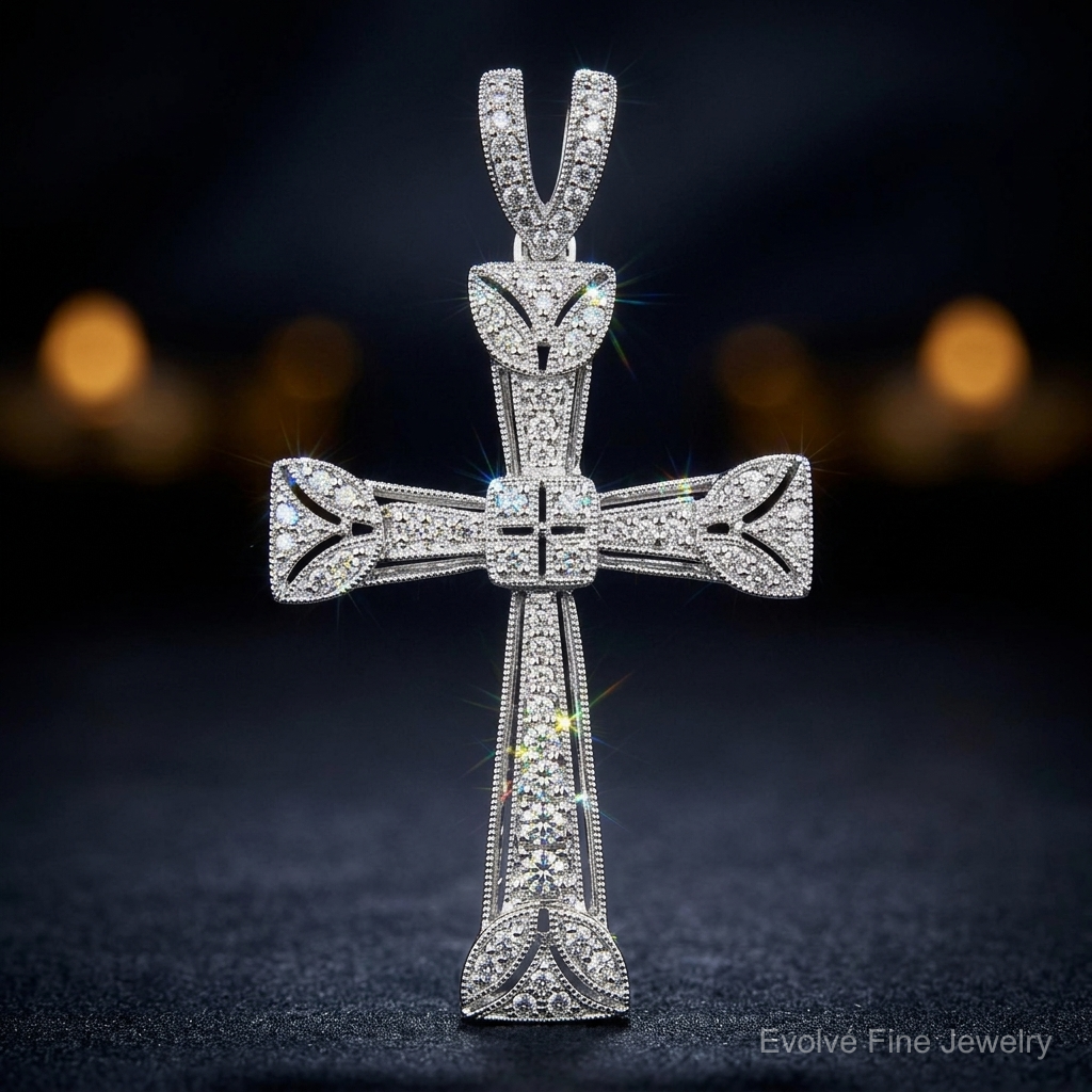 14k White Gold Diamond Filigree Cross Pendant - Close-up View